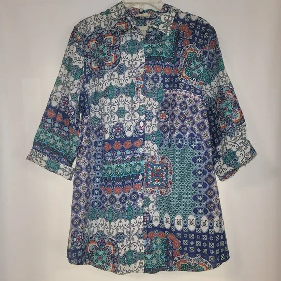 Chico's No-Iron Cotton-Blend Tilework Pocket Tunic Size 2 is Large - Picture 2 of 7